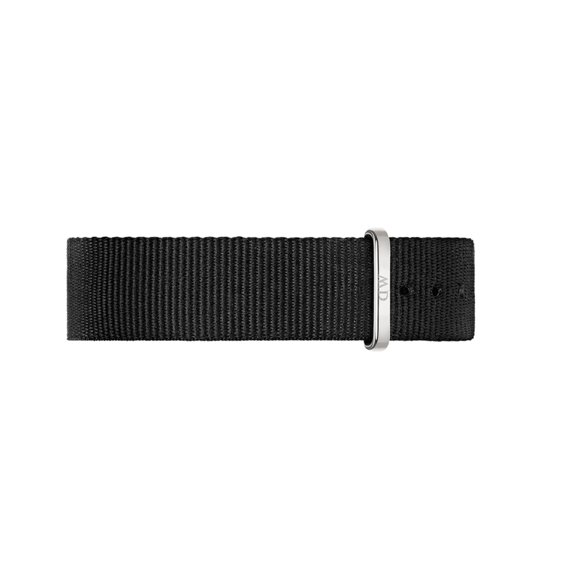 Black fabric watch strap with a metal buckle.