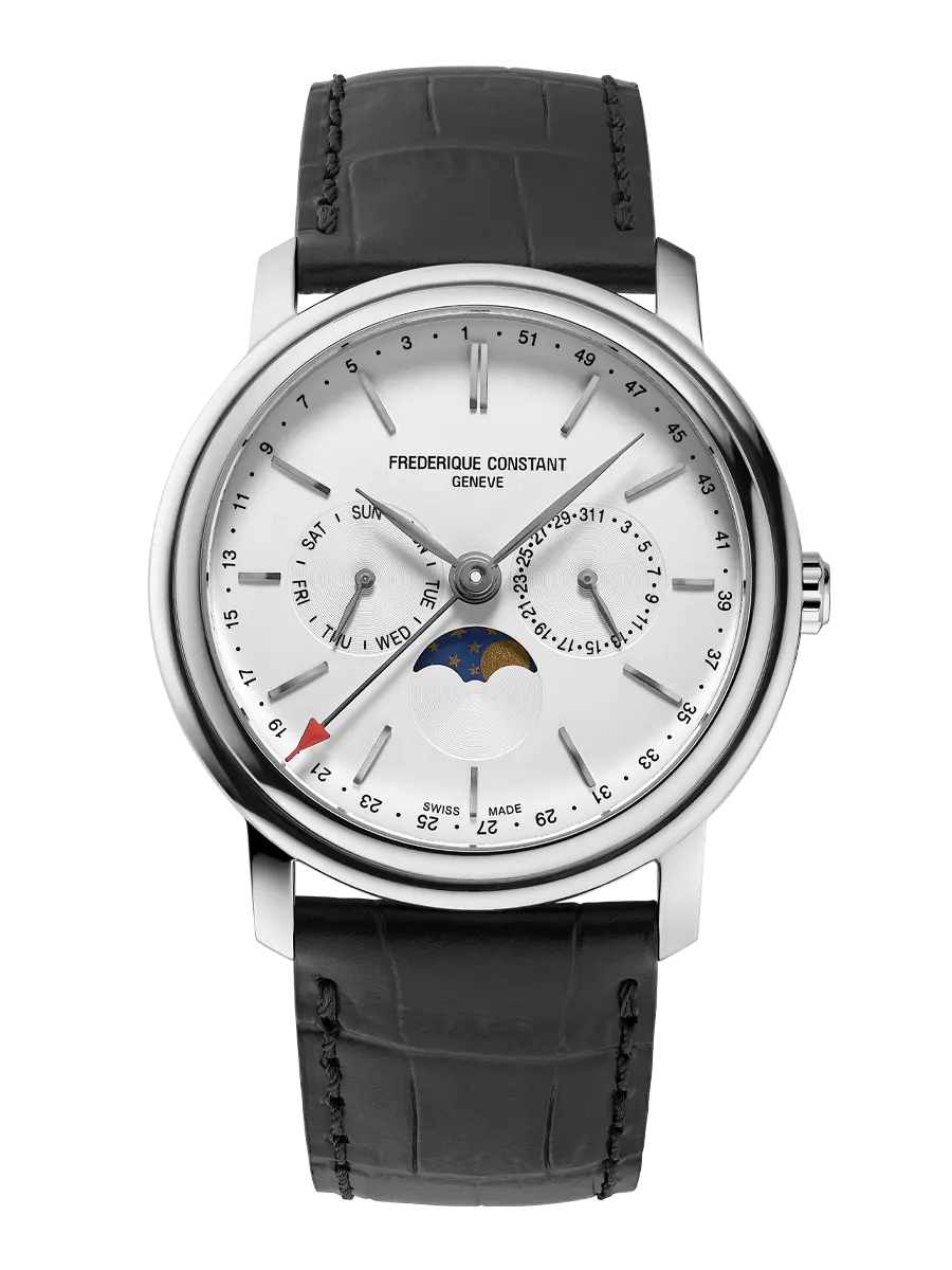 Elegant wristwatch with a white dial, multiple subdials, and a black leather strap.