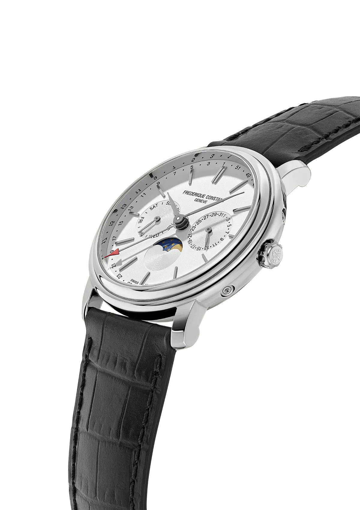 Elegant wristwatch with a white dial, silver case, and black leather strap.
