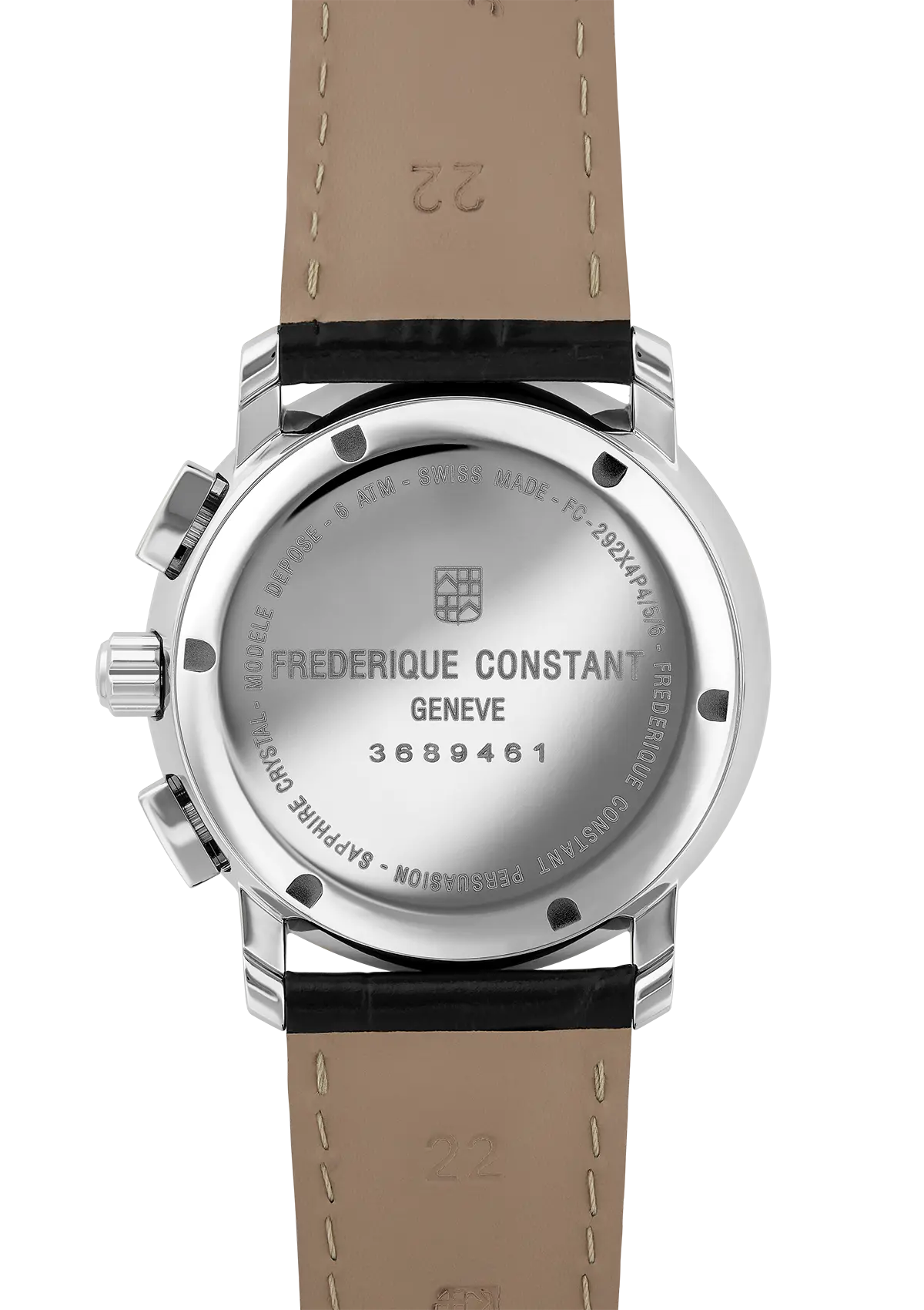 Stainless steel wristwatch with a beige leather strap and engraved caseback.
