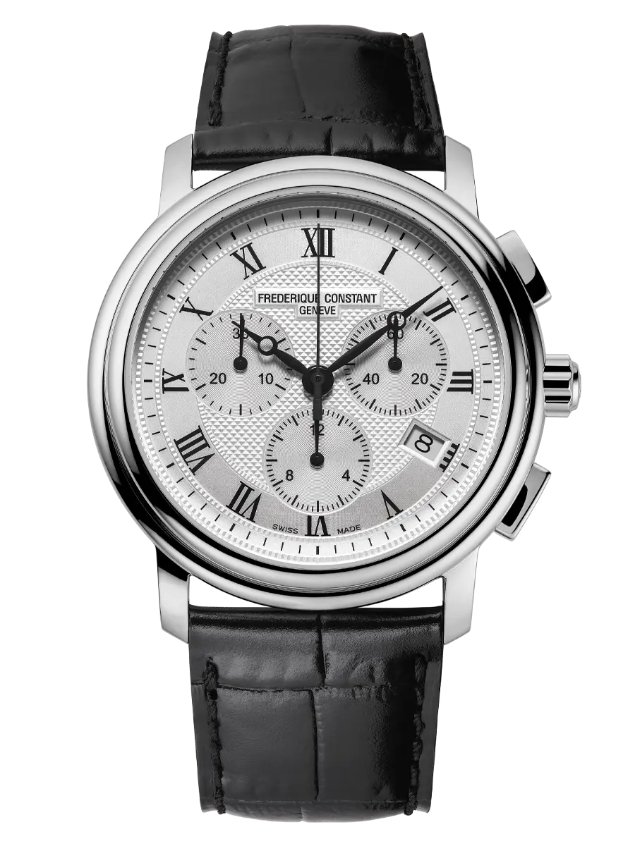 Luxury chronograph wristwatch with a white dial and black leather strap.