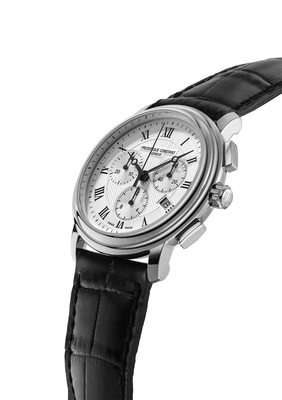 Elegant wristwatch with a white dial, Roman numerals, and a black leather strap.