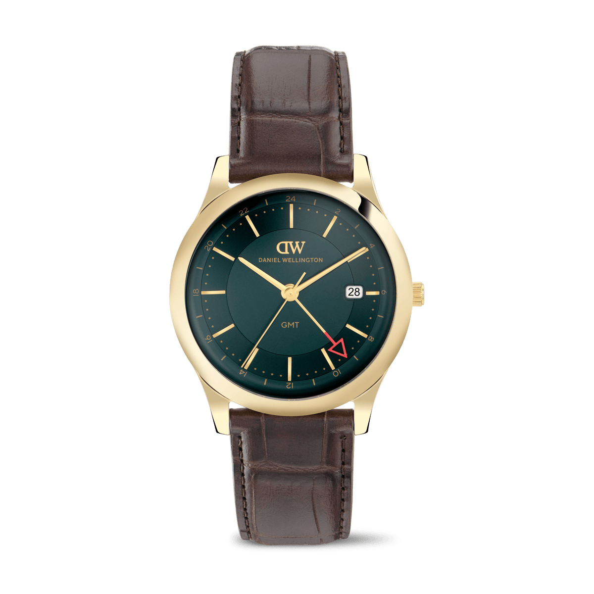 Daniel Wellington Pathfinder GMT Brown-Croc Green Gold DW00100974 men's watch with green sunray dial and brown leather strap