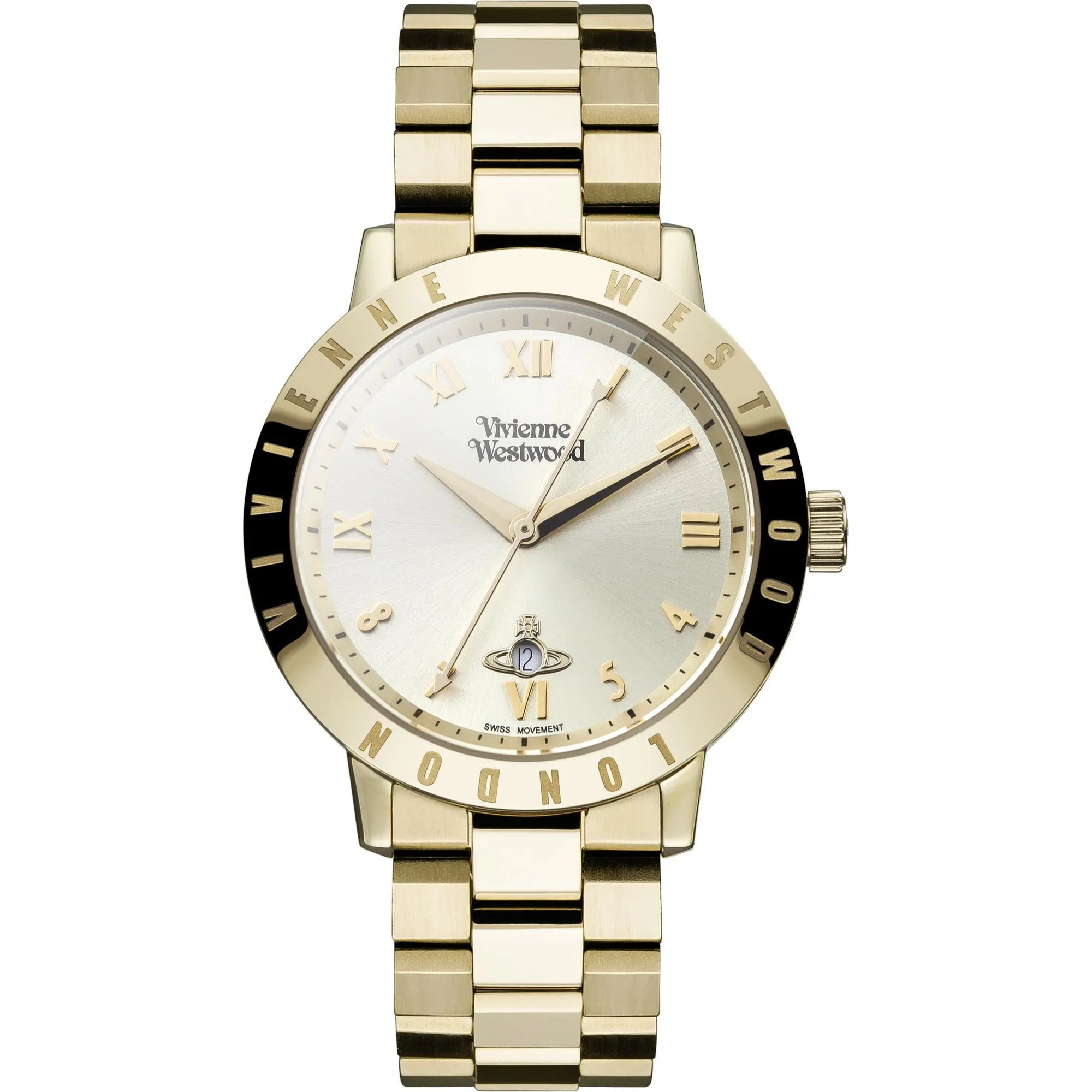 Vivienne Westwood Bloomsbury women's watch with a gold dial and gold stainless steel bracelet.