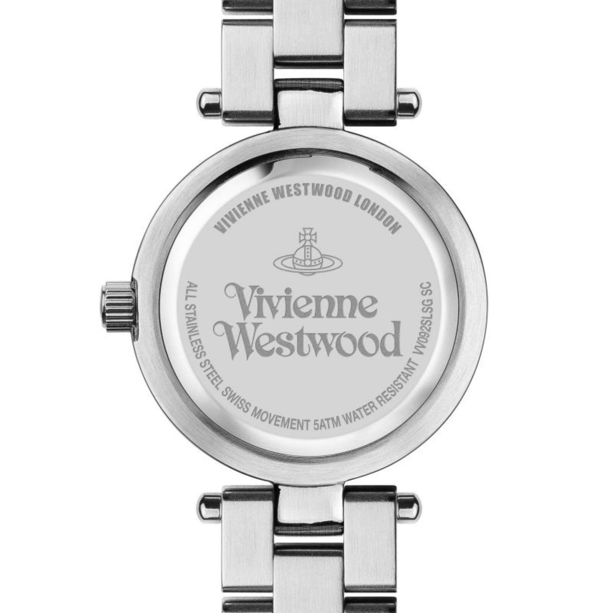 Vivienne Westwood Westbourne women's watch with a silver dial and two tone stainless steel bracelet. Shown at an angle.