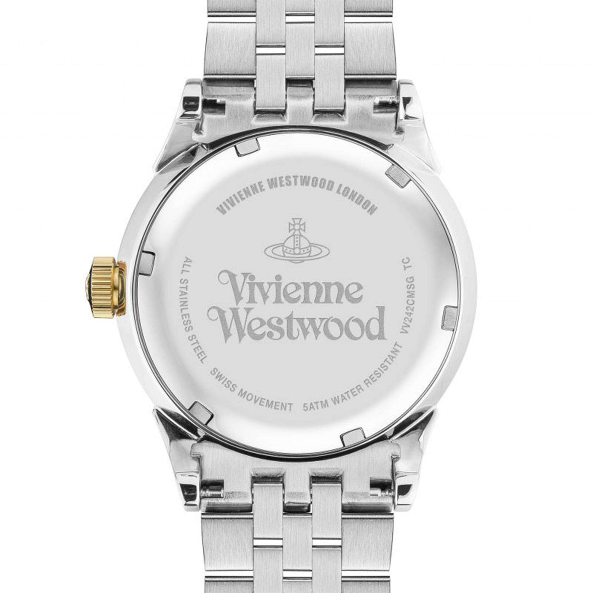 Vivienne Westwood Seymour Homme men's watch with a gold dial and two tone stainless steel bracelet. Close-up detail view.