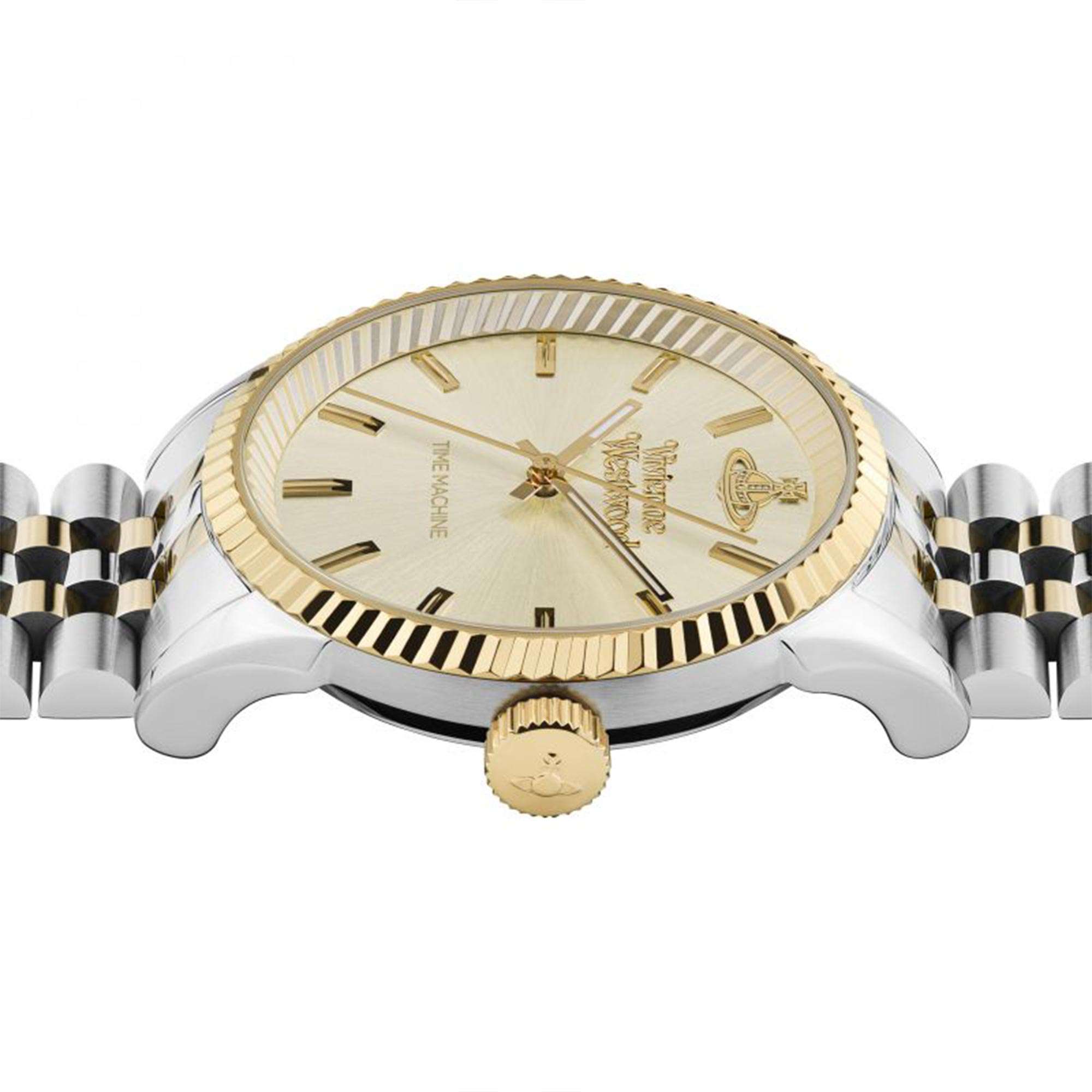 Vivienne Westwood Seymour Homme men's watch with a gold dial and two tone stainless steel bracelet. Side profile view.