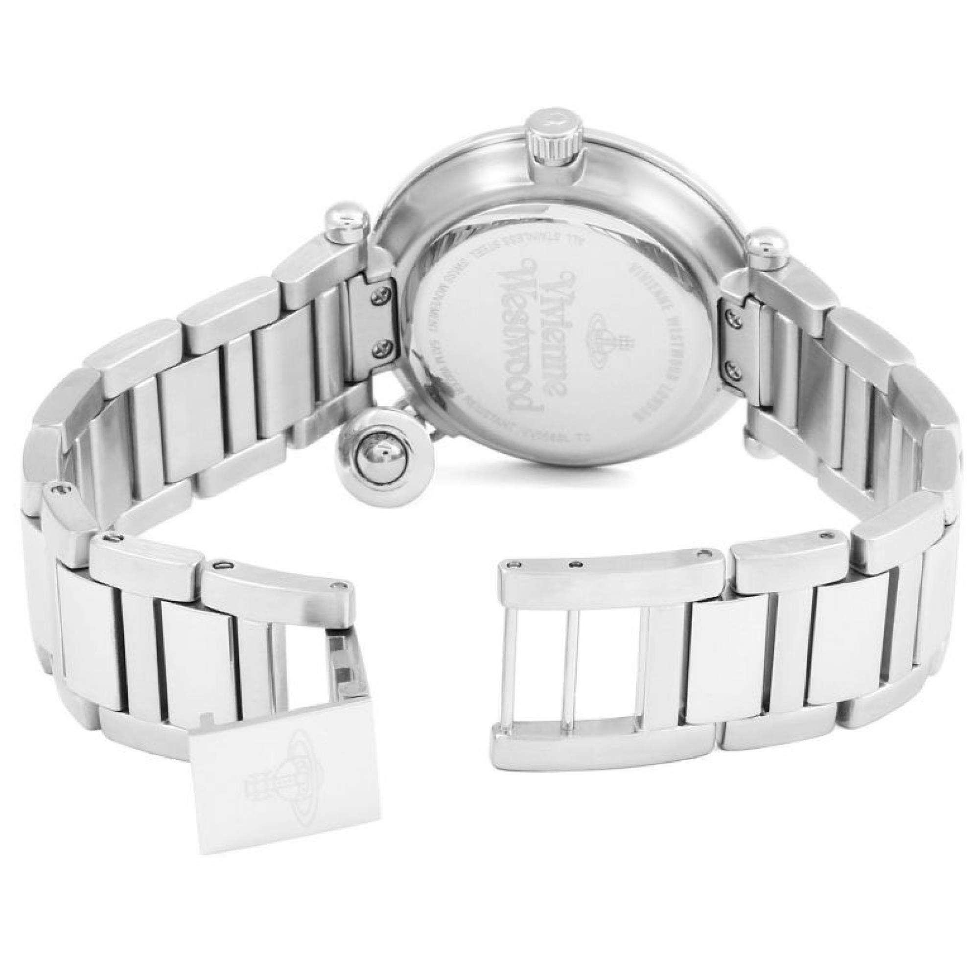 Vivienne Westwood Orb women's watch with a silver dial and silver stainless steel bracelet. Side profile view.