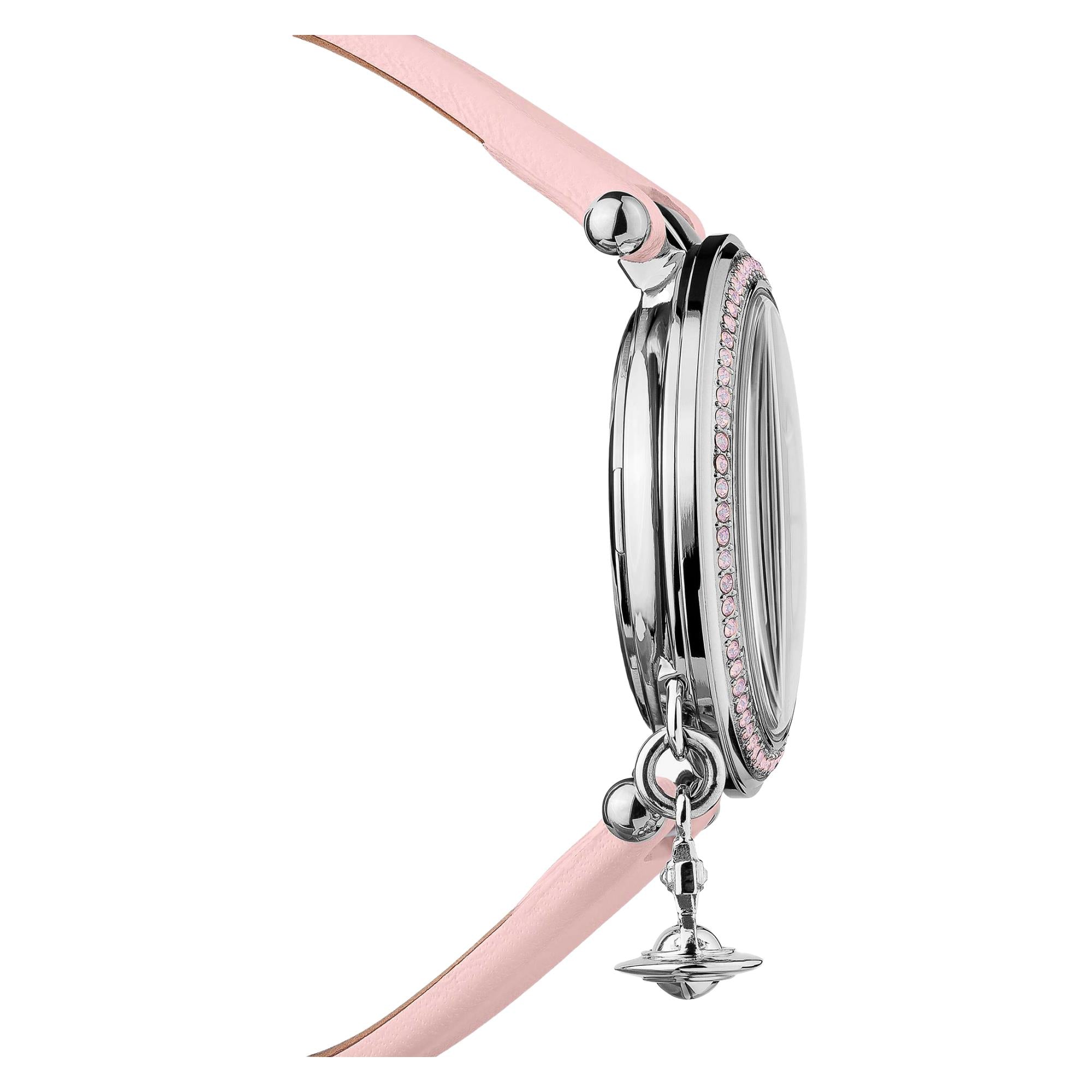 Vivienne Westwood Orb Pastelle women's watch with a silver dial and pink leather strap. Side profile view.