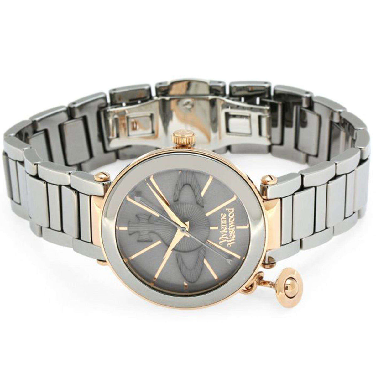 Vivienne Westwood Kensington women's watch with a grey dial and gunmetal stainless steel bracelet. Side profile view.