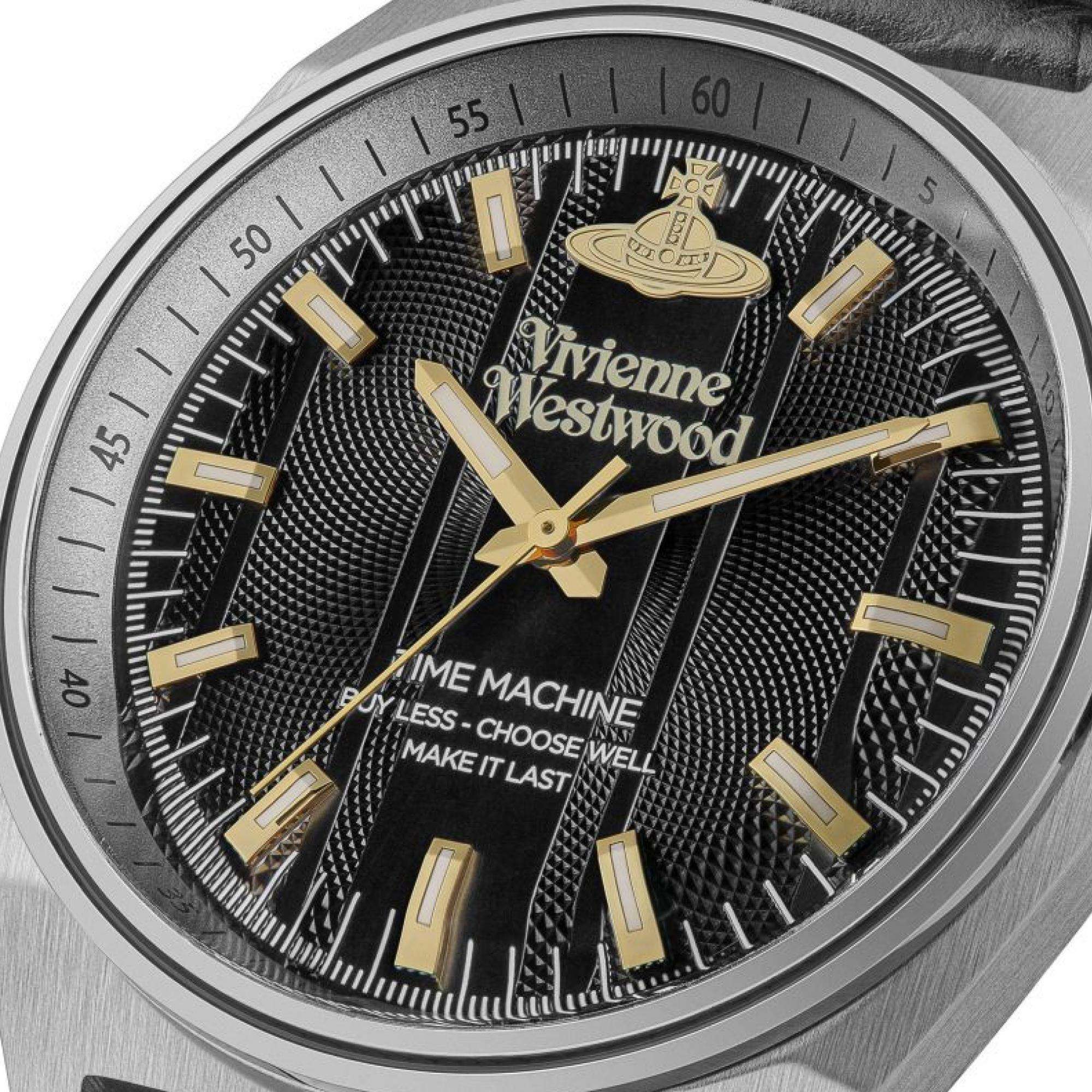 Vivienne Westwood Sydenham men's watch with a black dial and black leather strap. Close-up detail view.