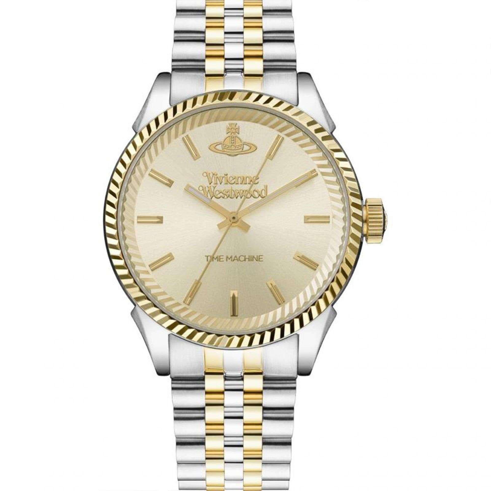 Vivienne Westwood Seymour Homme men's watch with a gold dial and two tone stainless steel bracelet. Clasp and case back detail.
