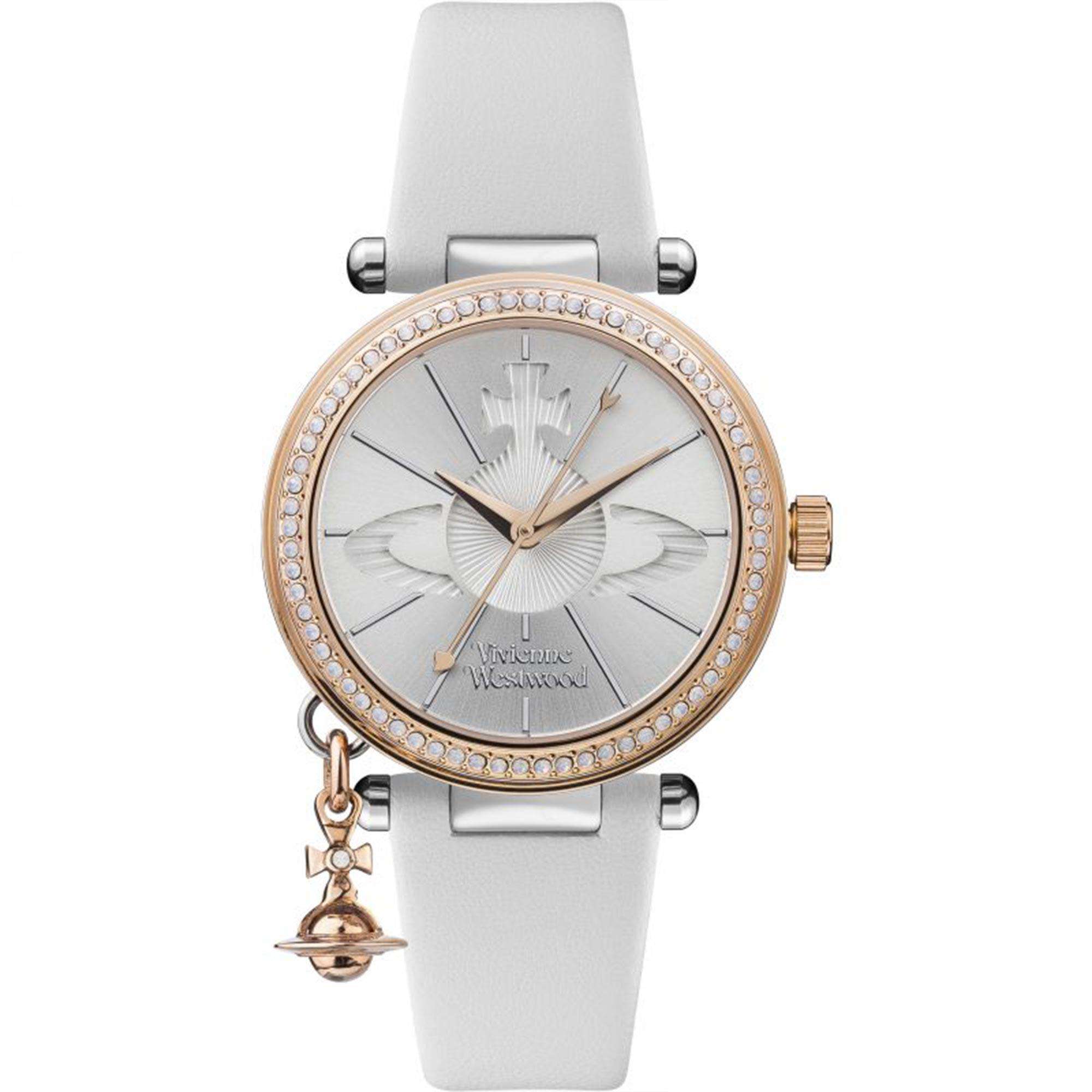 Vivienne Westwood Orb women's watch with a silver dial and white leather strap. Clasp and case back detail.