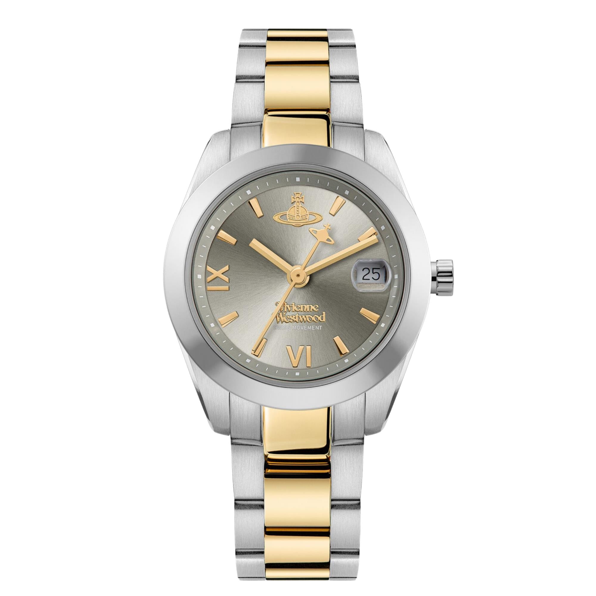 Vivienne Westwood Fenchurch women's watch with a grey dial and two tone stainless steel bracelet.