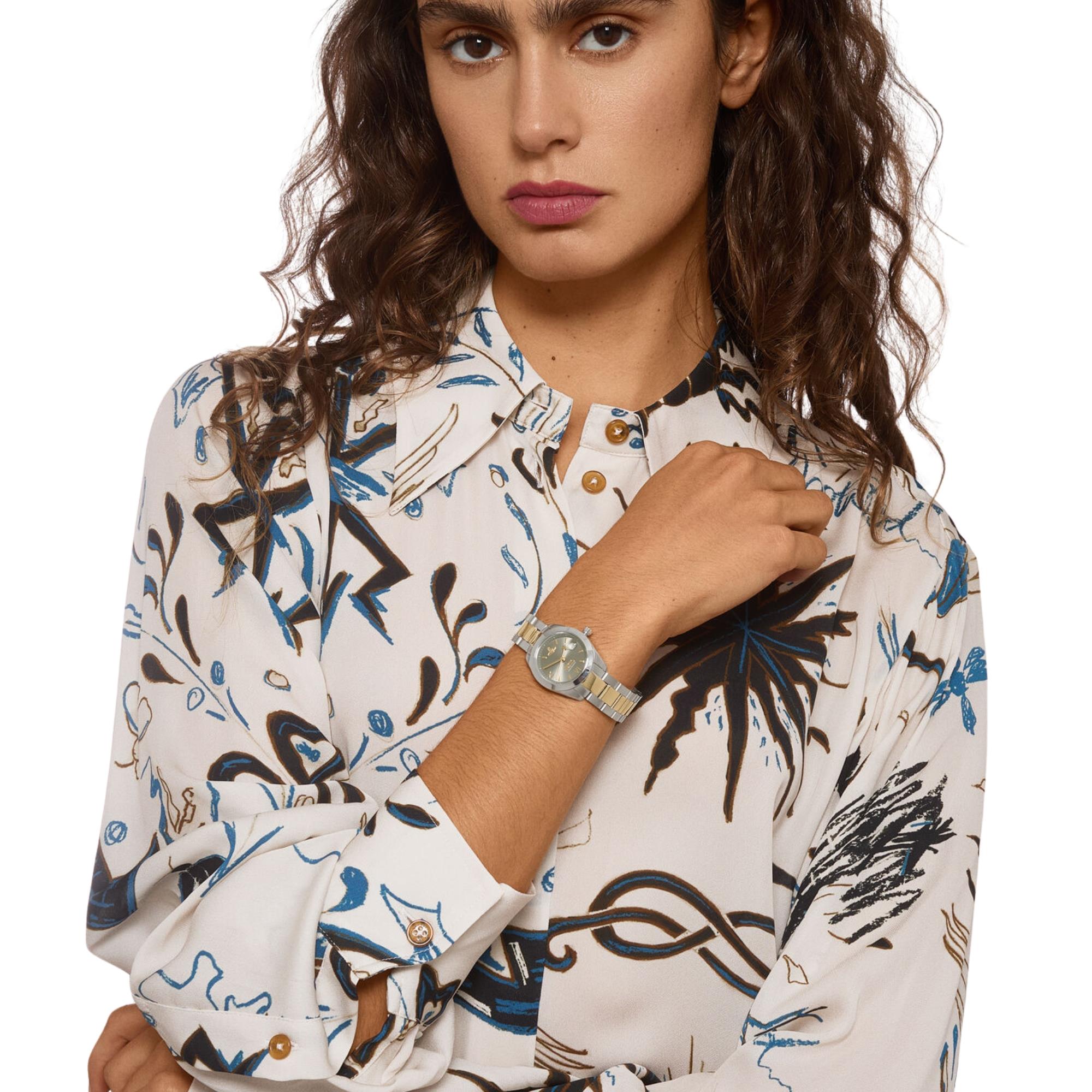 Vivienne Westwood Fenchurch women's watch with a grey dial and two tone stainless steel bracelet. Shown at an angle.