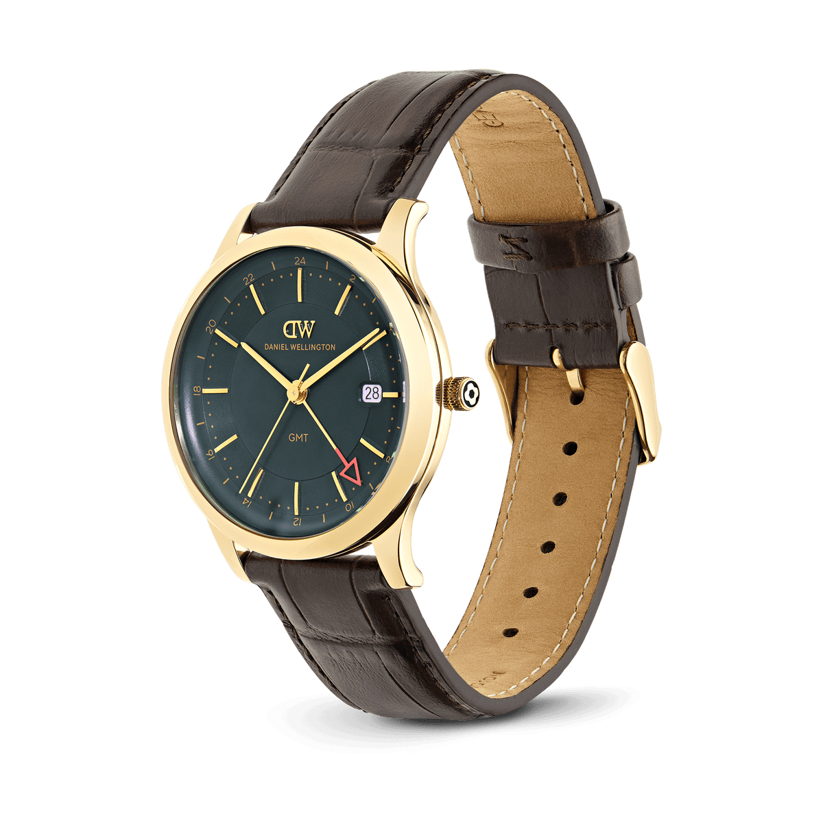 Daniel Wellington Pathfinder GMT Brown-Croc Green Gold DW00100974 men's watch with green sunray dial and brown leather strap