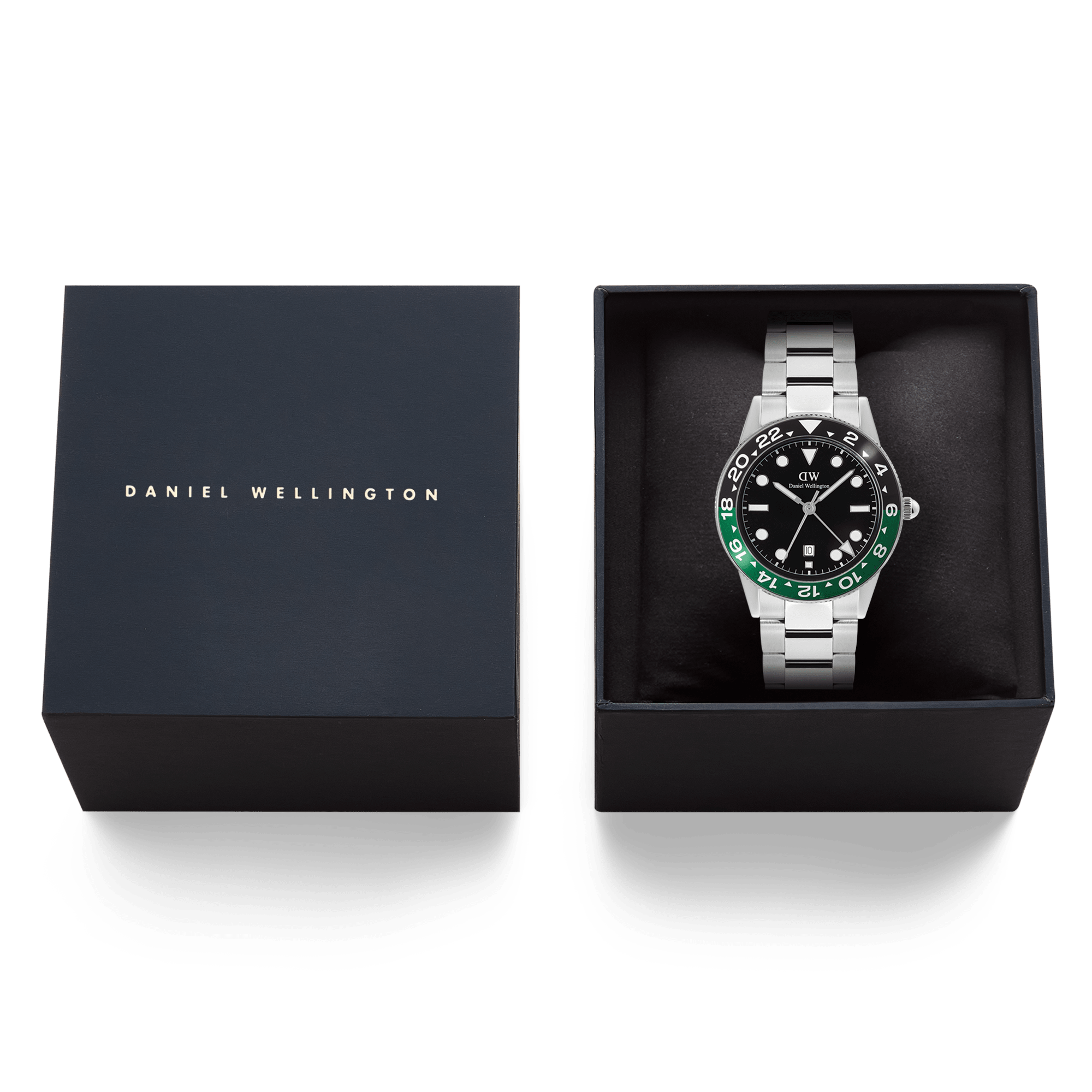 Daniel Wellington Iconic GMT Link Black Green Ceramic Bezel Silver DW00100920