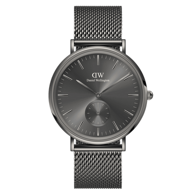 Sleek gray wristwatch with a mesh metal band and minimalist dial design.