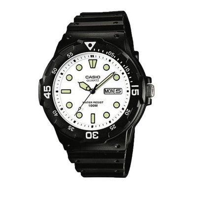 Black Casio dive watch with a white dial and luminous markers.