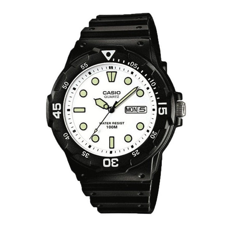 Black Casio dive watch with a white dial and luminous markers.