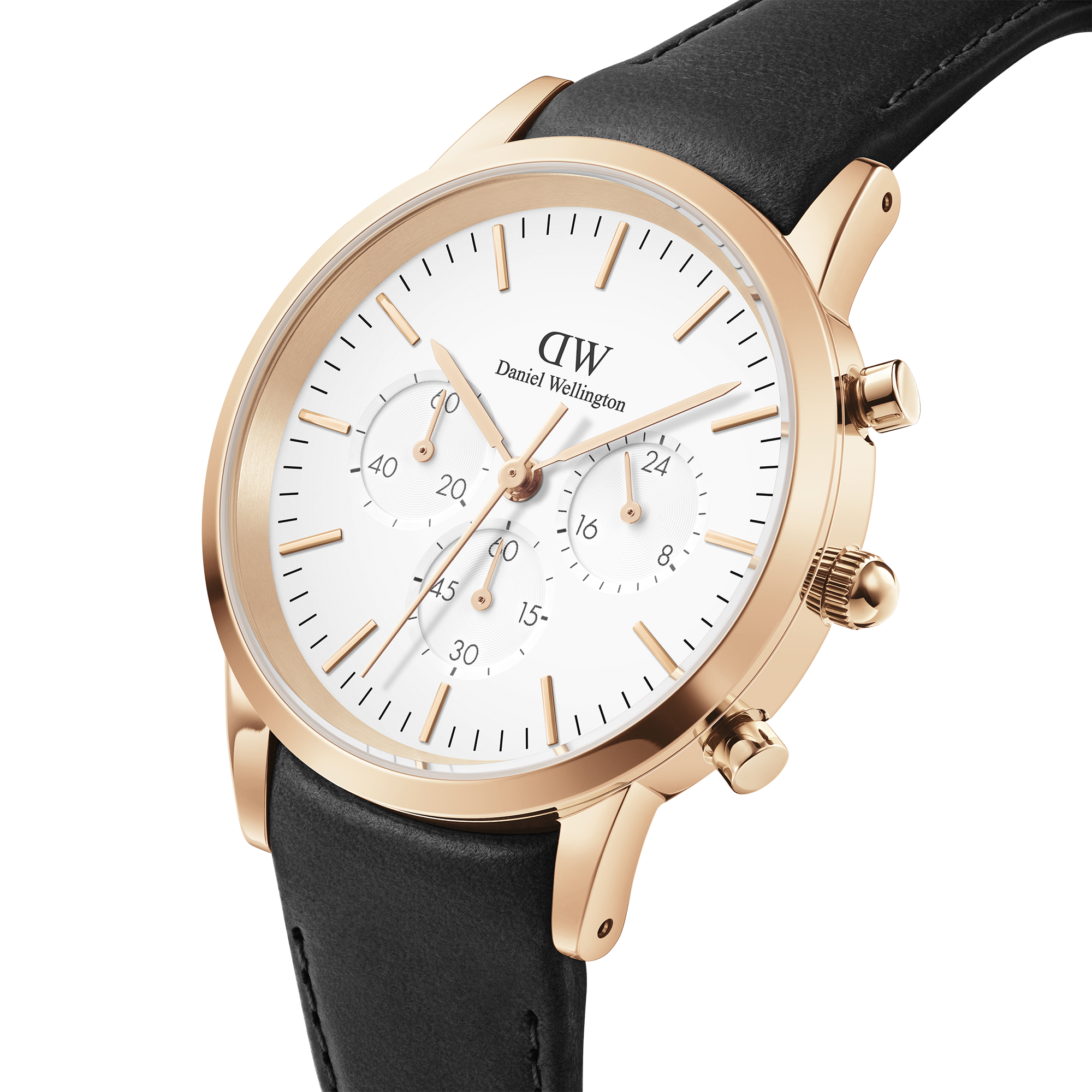 Elegant wristwatch with a white face, gold-tone case, and black leather strap.