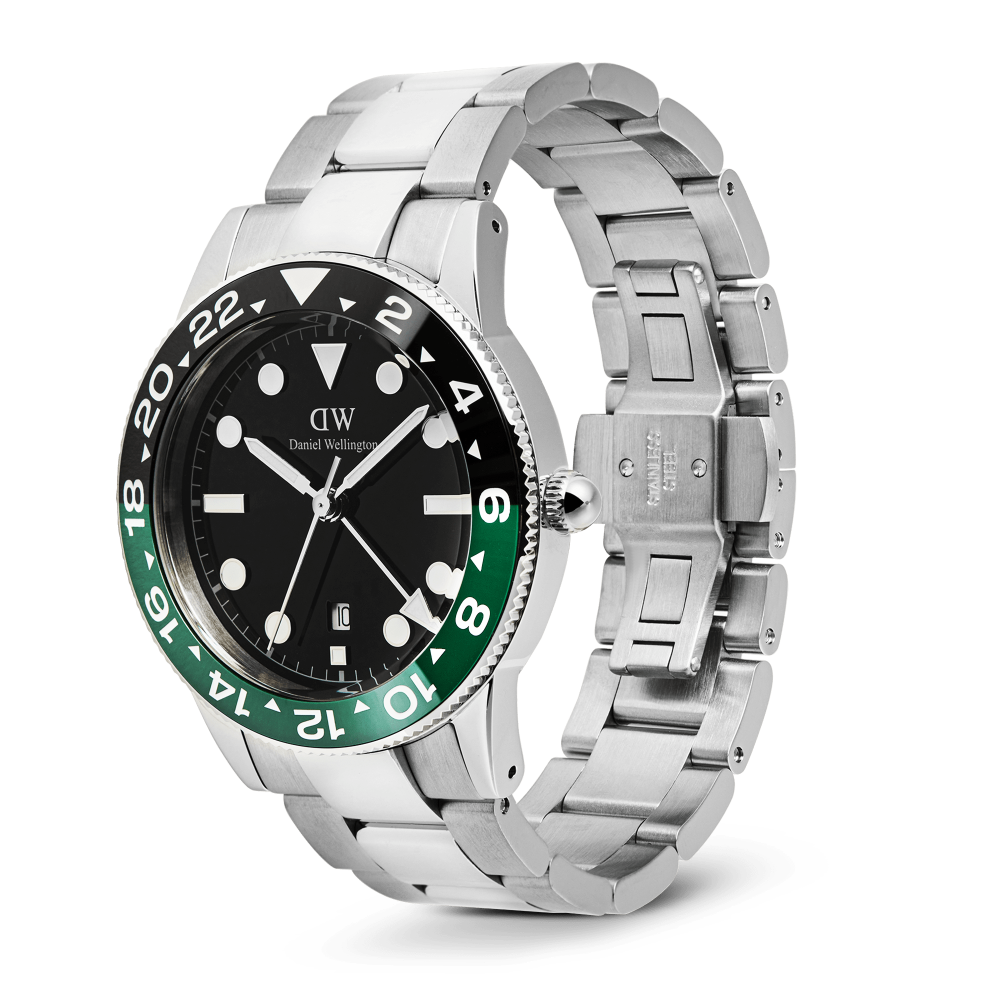 Daniel Wellington Iconic GMT Link Black Green Ceramic Bezel Silver DW00100920