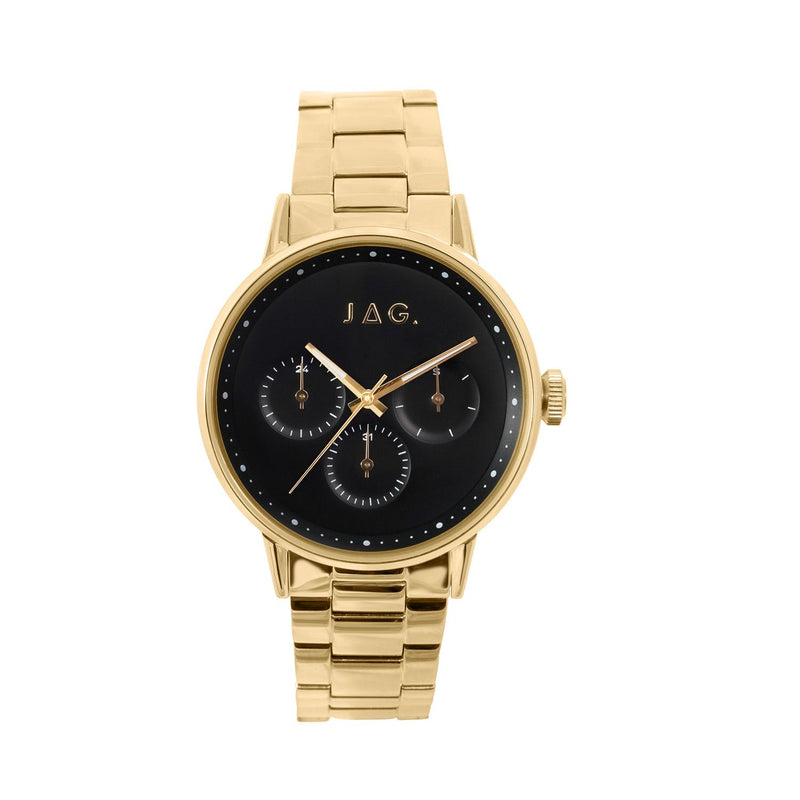 Gold-toned wristwatch with a black dial and multiple subdials.