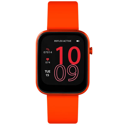 Bright orange smartwatch with a square display showing the time 10:09.