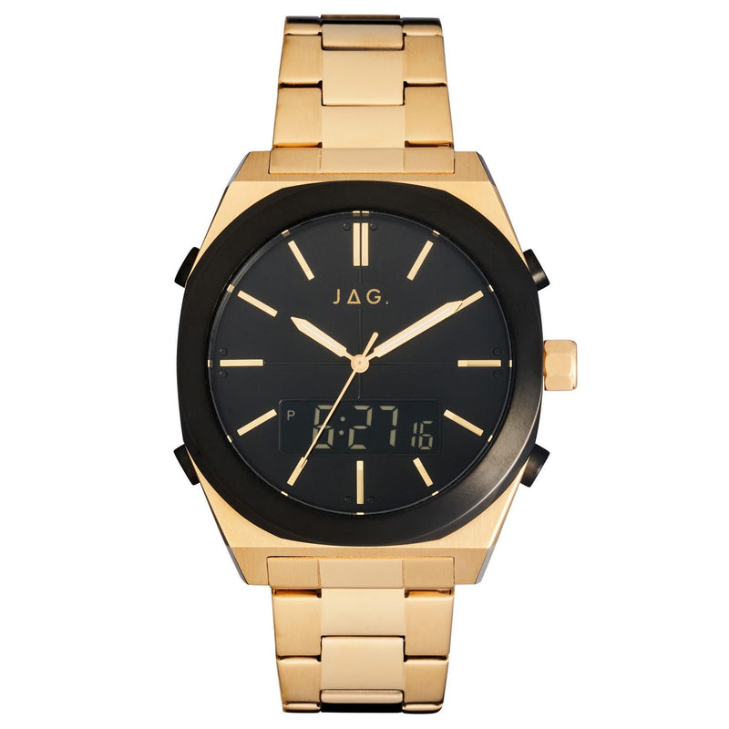 Gold-toned wristwatch with a black dial face and digital display.