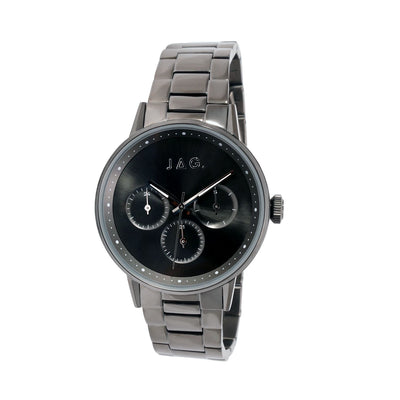 Sleek gunmetal gray wristwatch with a black dial and multiple subdials.