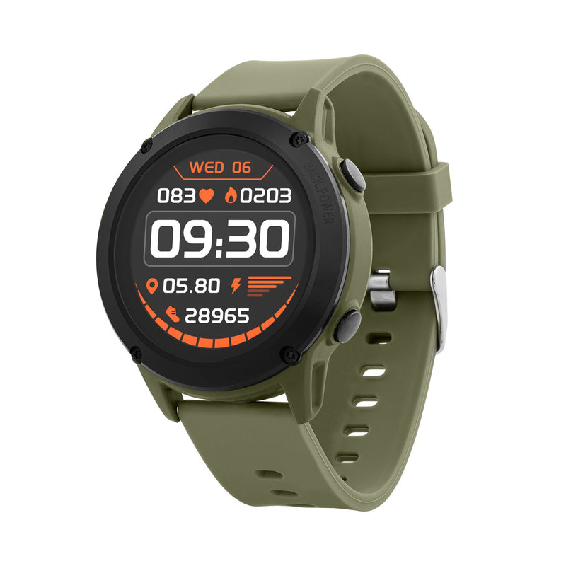 Green smartwatch with a round digital display showing time and fitness data.