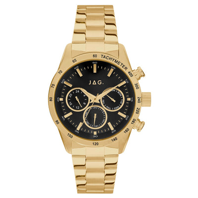 Gold-toned wristwatch with a black dial and three subdials.