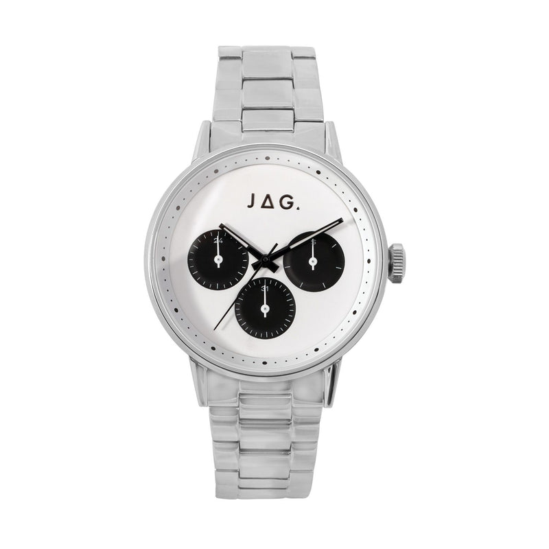 Silver wristwatch with a white face and three black subdials.