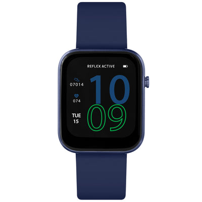 Smartwatch with a navy blue strap and digital display showing the time 10:09.