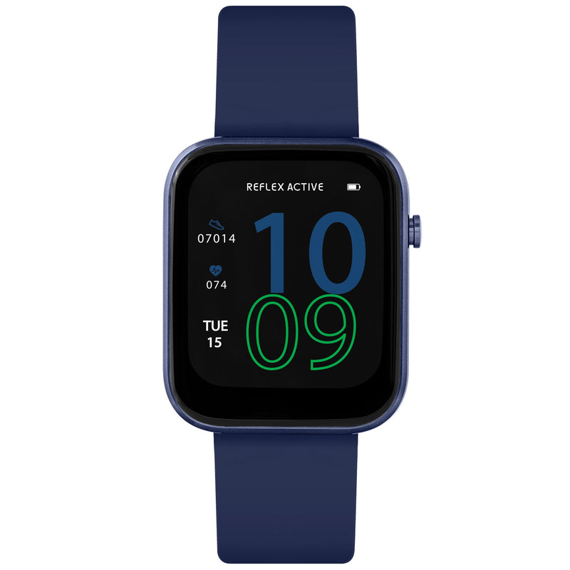 Smartwatch with a navy blue strap and digital display showing the time 10:09.