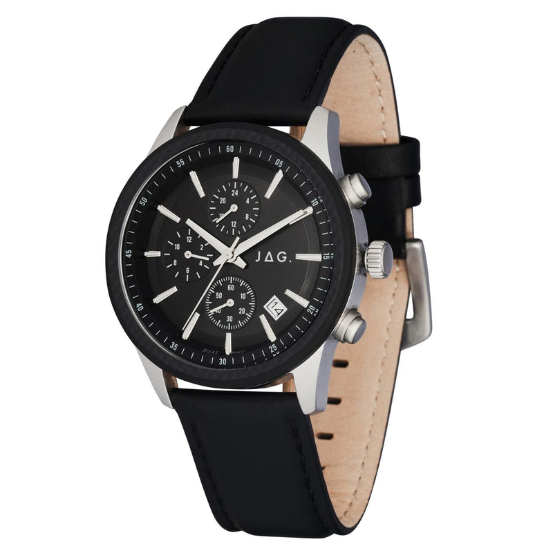 Stylish black and silver wristwatch with a chronograph dial and leather strap.