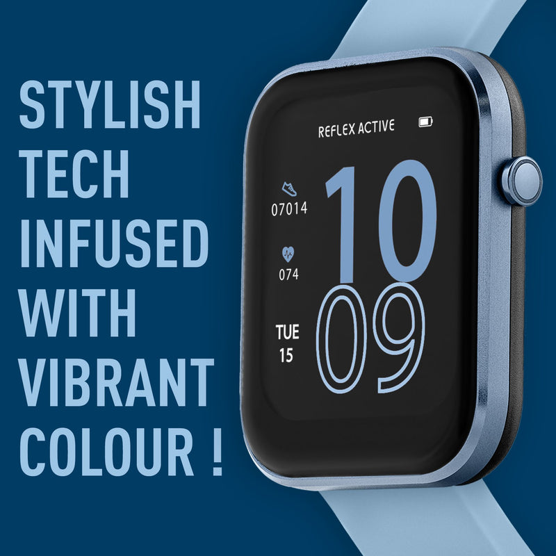 Smartwatch with a square display showing the time 10:09 on a light blue strap.