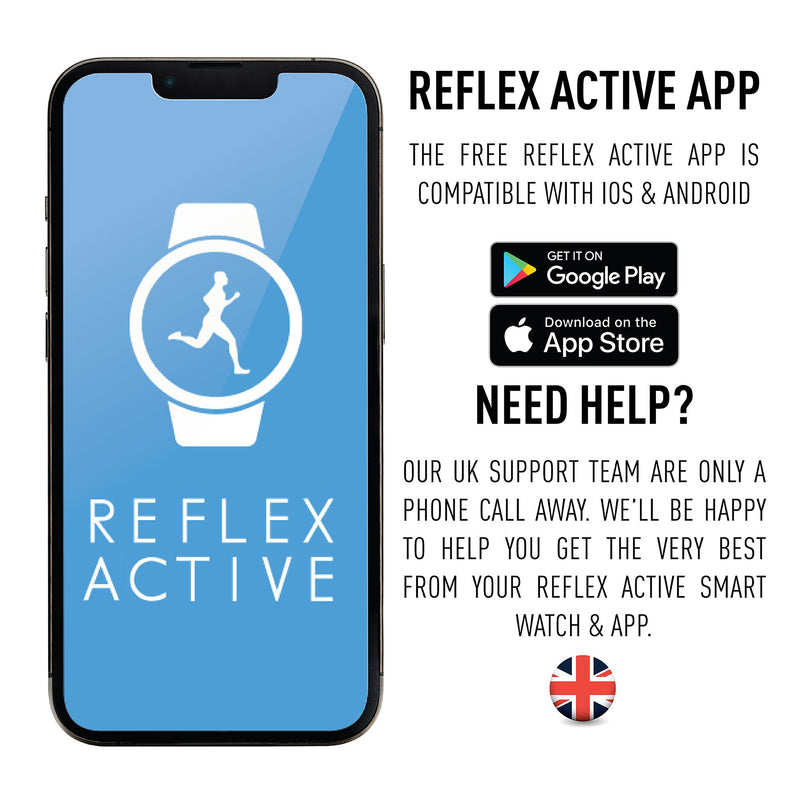 Smartphone displaying information about the Reflex Active app and smartwatch.