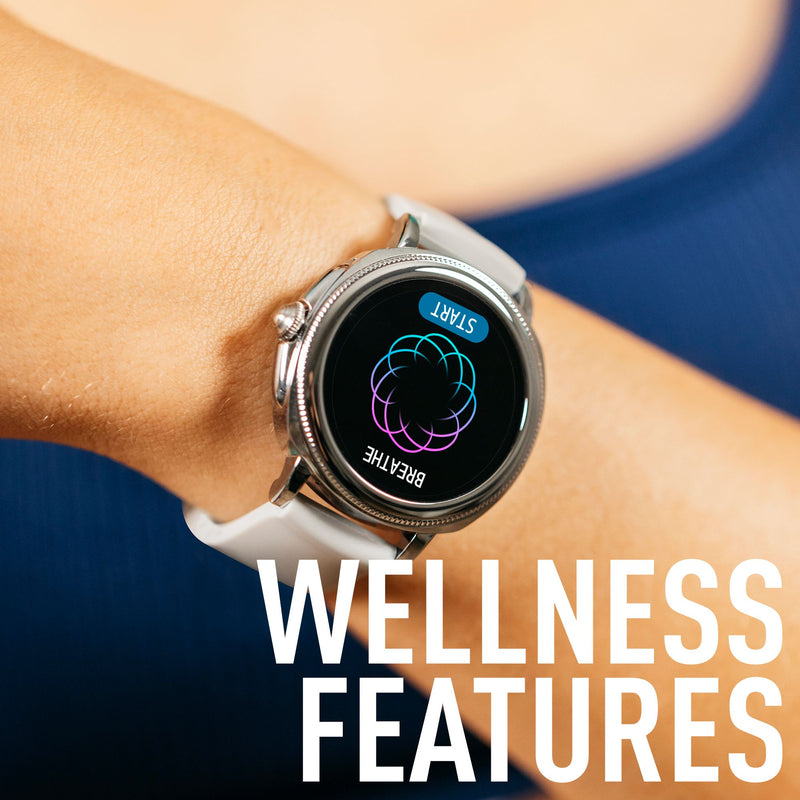 Smartwatch displaying wellness features with a colorful circular graphic on its screen.