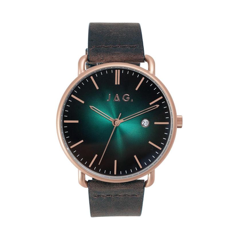 Elegant wristwatch with a green-to-black gradient dial and rose gold accents on a dark leather strap.