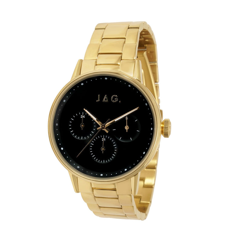 Gold-toned wristwatch with a black dial featuring multiple subdials.