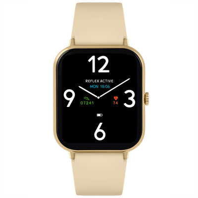 Gold-toned smartwatch with a square face and beige leather strap.