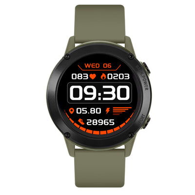 Olive green smartwatch with a round digital display showing fitness tracking information.