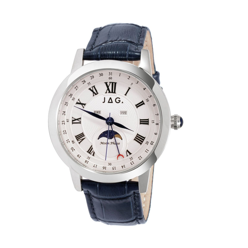 Elegant wristwatch with a white face, Roman numeral markers, and a blue leather strap.