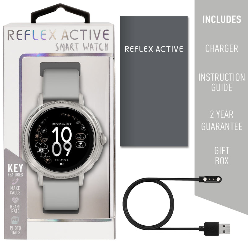 Reflex Active smart watch with a white band and round digital display.