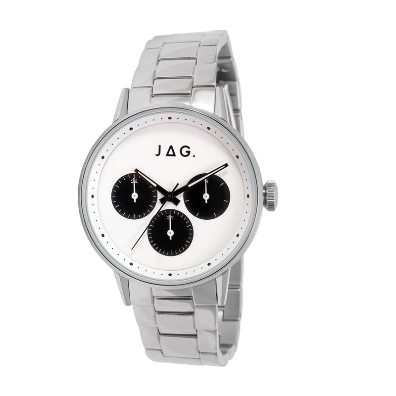 Silver wristwatch with a white face and three black subdials.