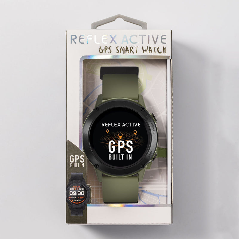 GPS smart watch with a green band in retail packaging.