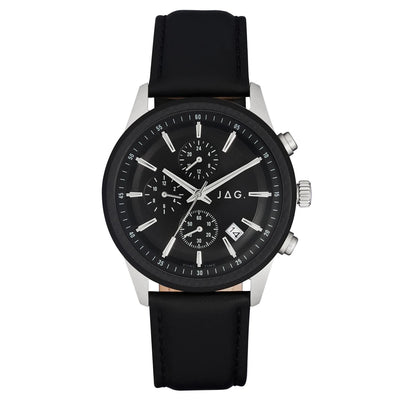 Sleek black and silver chronograph wristwatch with a leather strap.