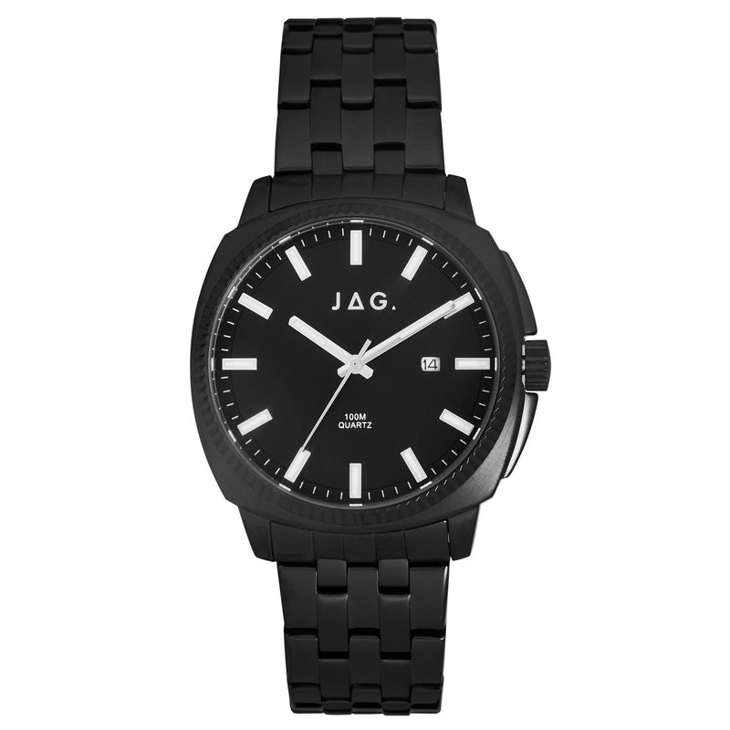 Black wristwatch with a metal bracelet and round face displaying the brand ’JAG’.