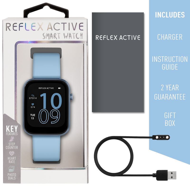 Smart watch with a light blue band and digital display showing the time 10:09.